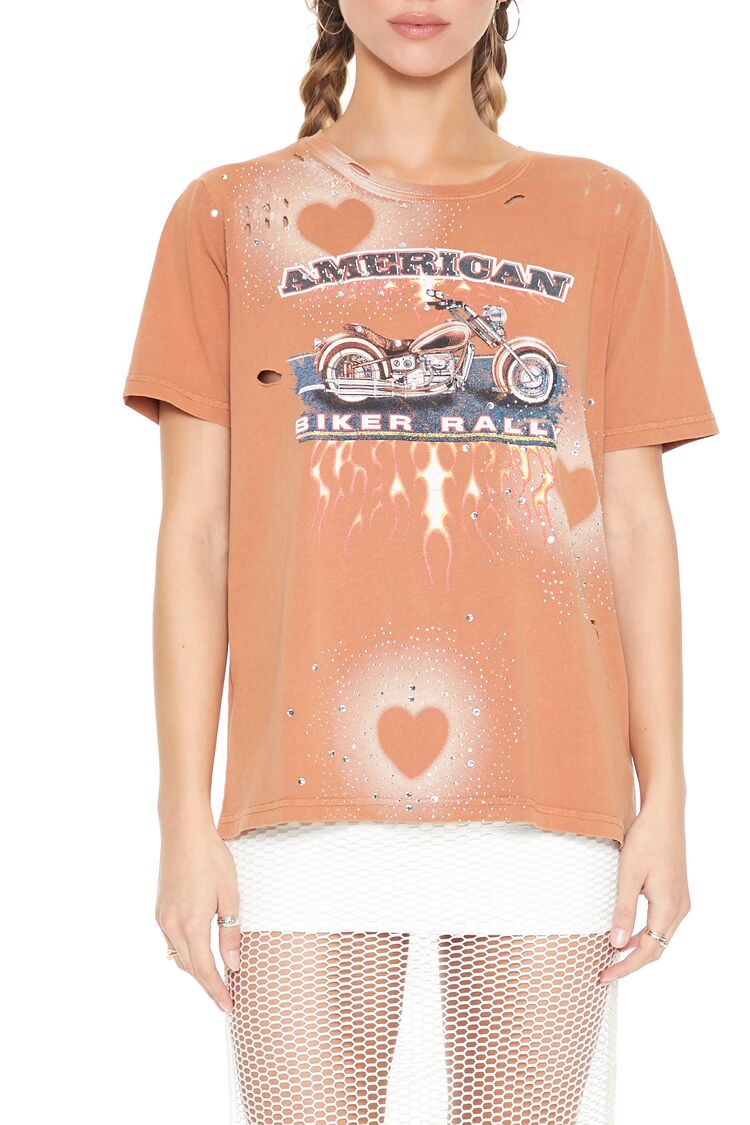  Forever 21 Rhinestone Biker Rally Tee - rust multi - Bonton