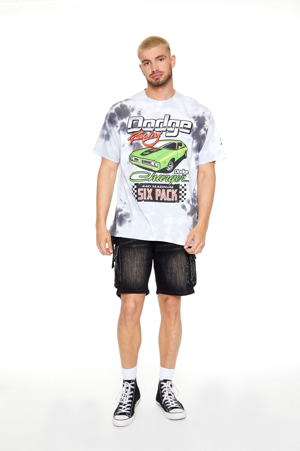  Forever 21 Tie-Dye Dodge Racing Graphic Tee - harbor grey multi - Bonton