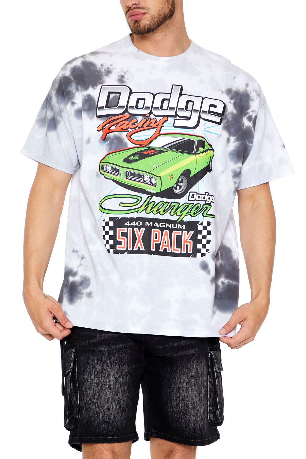  Forever 21 Tie-Dye Dodge Racing Graphic Tee - harbor grey multi - Bonton