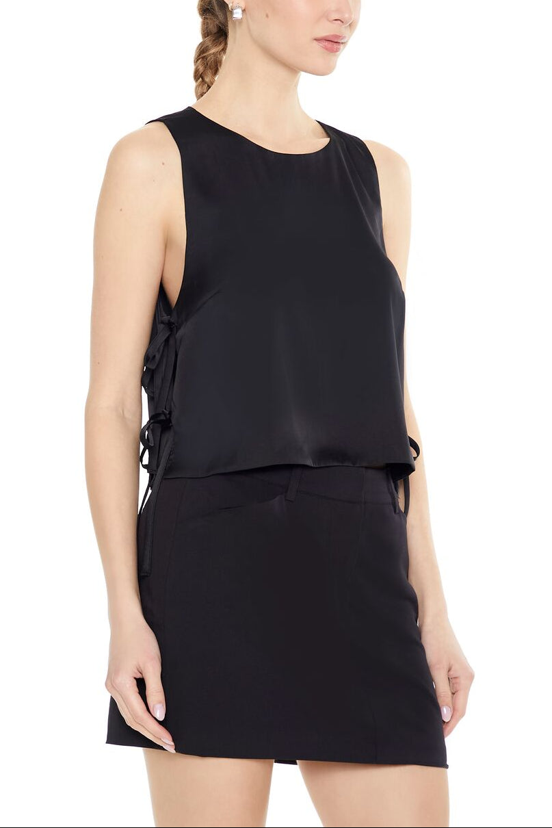  Forever 21 Satin Sleeveless Bow Top - black - Bonton