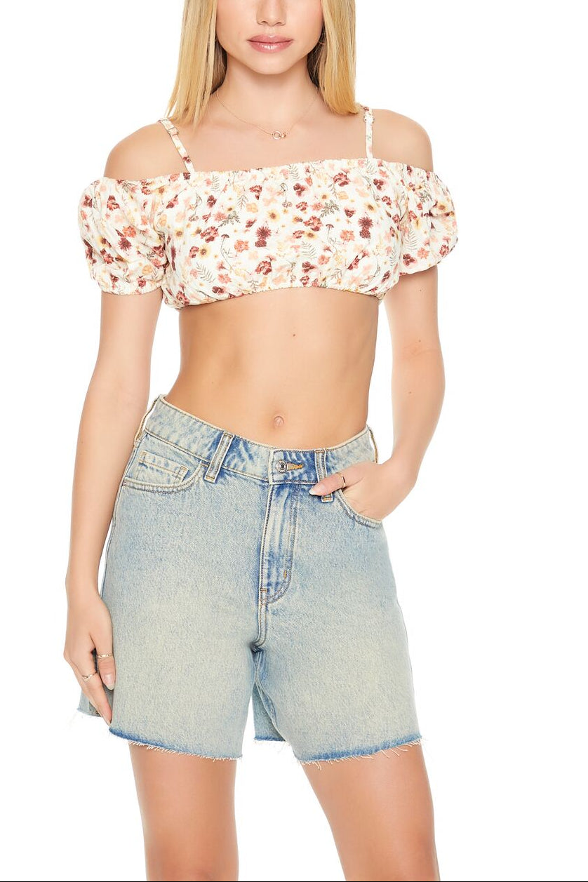  Forever 21 Floral Print Open-Shoulder Crop Top - copper multi - Bonton