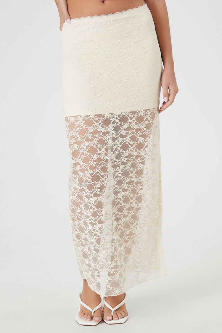  Forever 21 Lace Column Maxi Slit Skirt - cream - Bonton