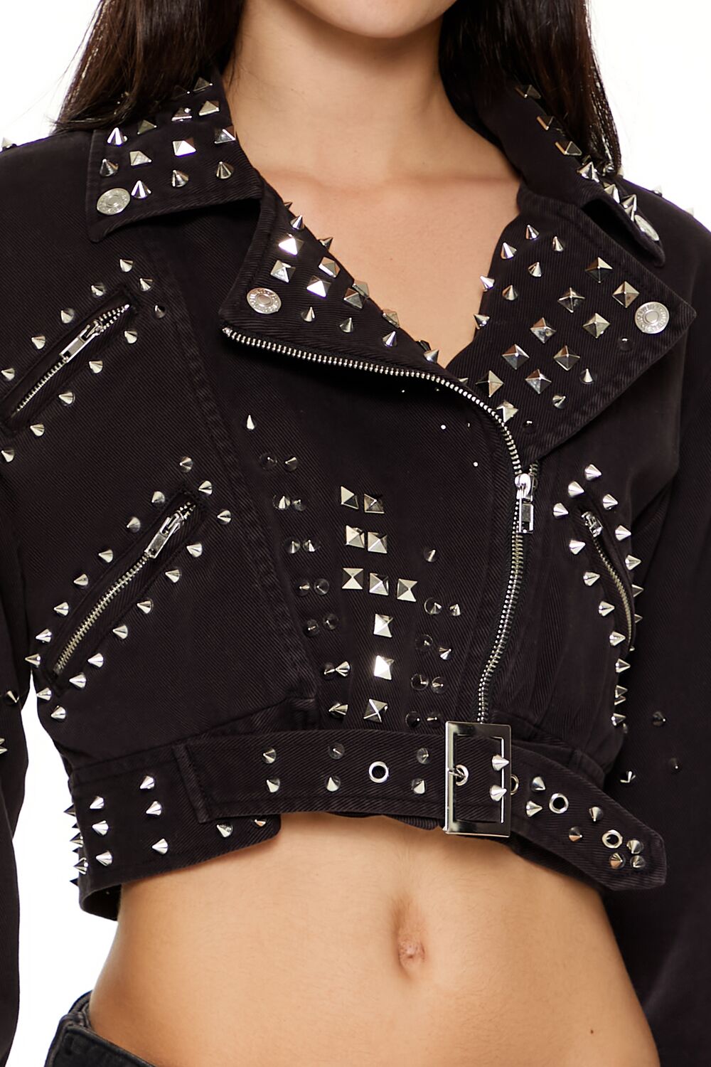  Forever 21 Studded Denim Moto Jacket - black-swatch - Bonton