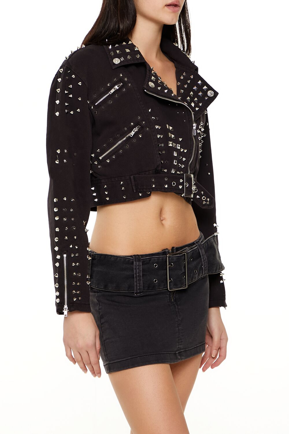  Forever 21 Studded Denim Moto Jacket - black-swatch - Bonton