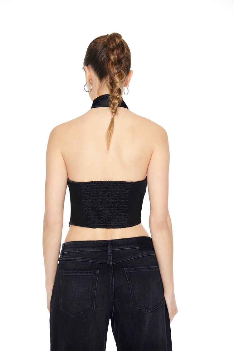  Forever 21 Satin Crisscross Halter Crop Top - black - Bonton
