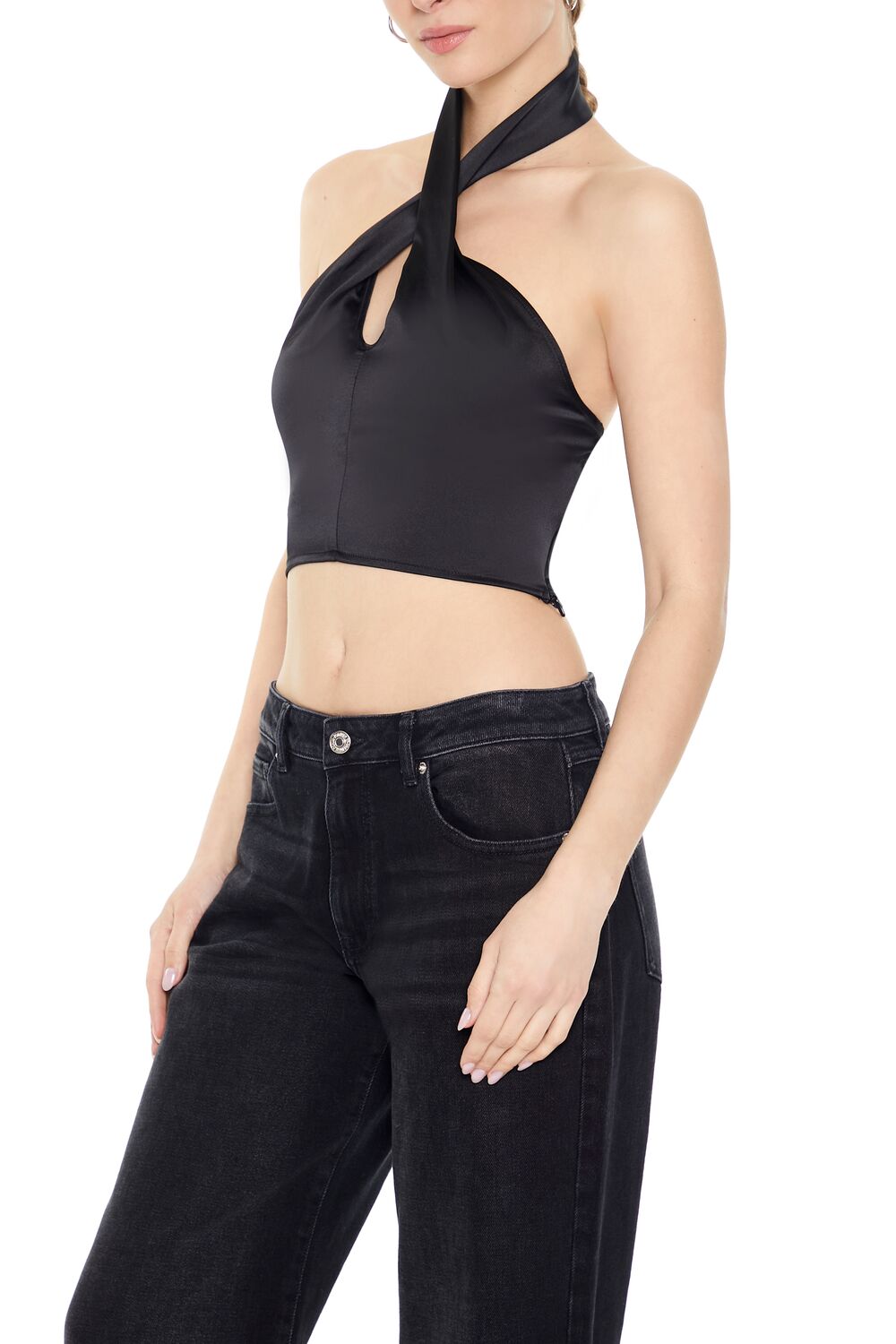  Forever 21 Satin Crisscross Halter Crop Top - black - Bonton