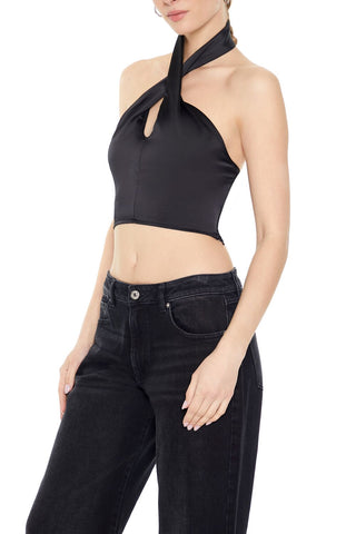 Satin Crisscross Halter Crop Top