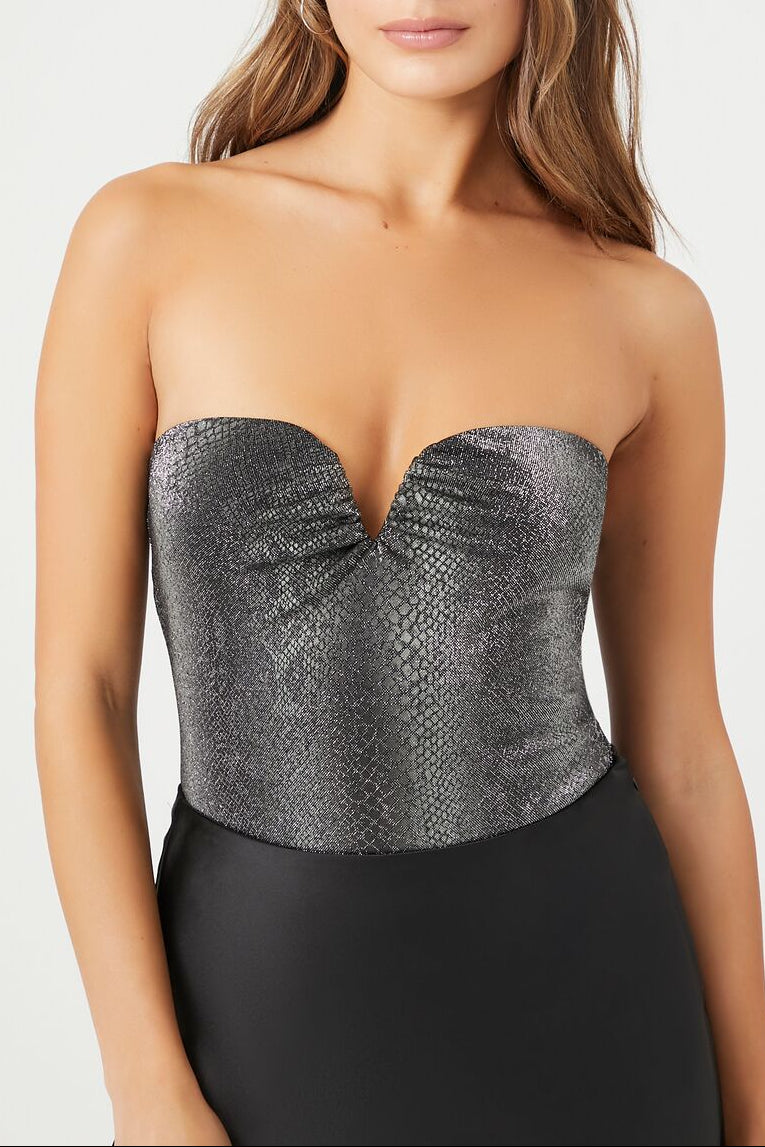  Forever 21 Snake Print Sweetheart Bodysuit - black - Bonton