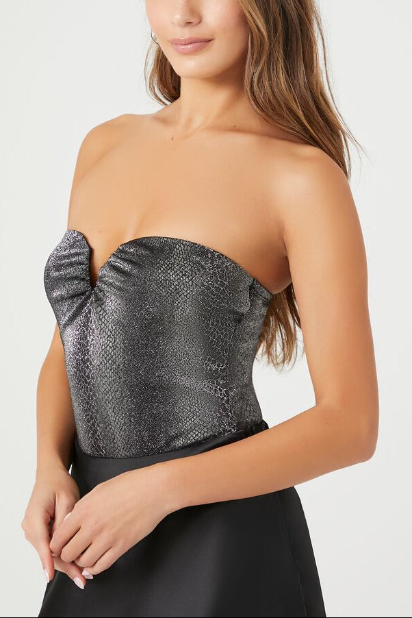  Forever 21 Snake Print Sweetheart Bodysuit - black - Bonton