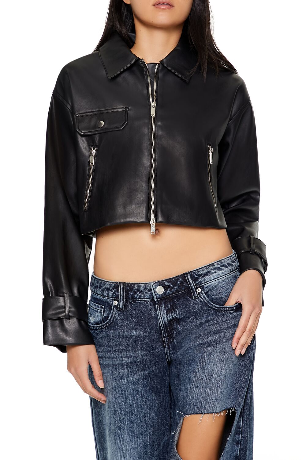  Forever 21 Cropped Faux Leather Moto Jacket - black-swatch - Bonton