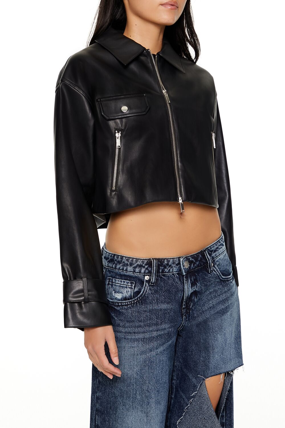  Forever 21 Cropped Faux Leather Moto Jacket - black-swatch - Bonton