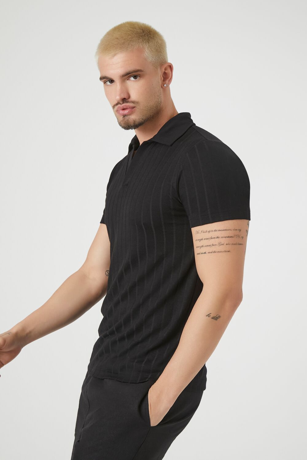  Forever 21 Ribbed Split-Neck Polo Shirt - black - Bonton