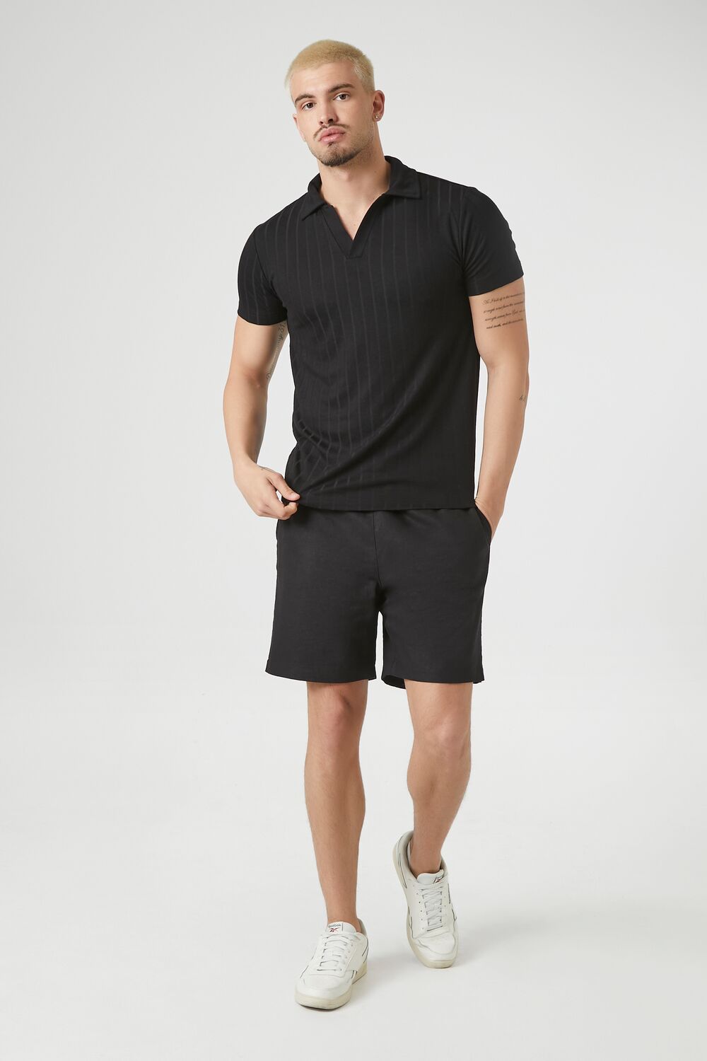  Forever 21 Ribbed Split-Neck Polo Shirt - black - Bonton