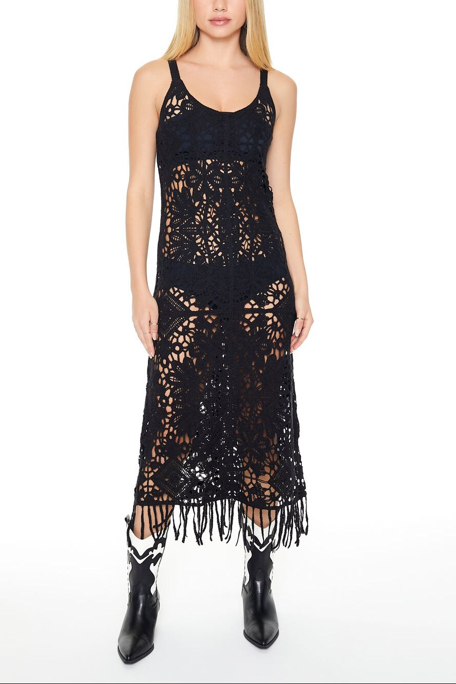  Forever 21 Crochet Fringe Midi Dress - black - Bonton