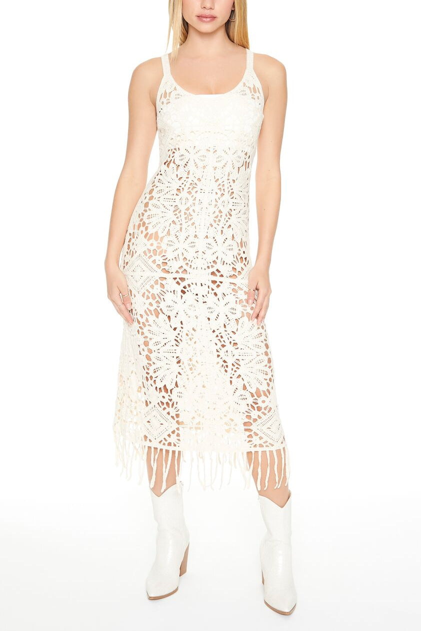 Crochet Fringe Midi Dress in Ivory | Size: M by Bonton Crochet Fringe Midi Dress in Ivory | Size: M by Bonton