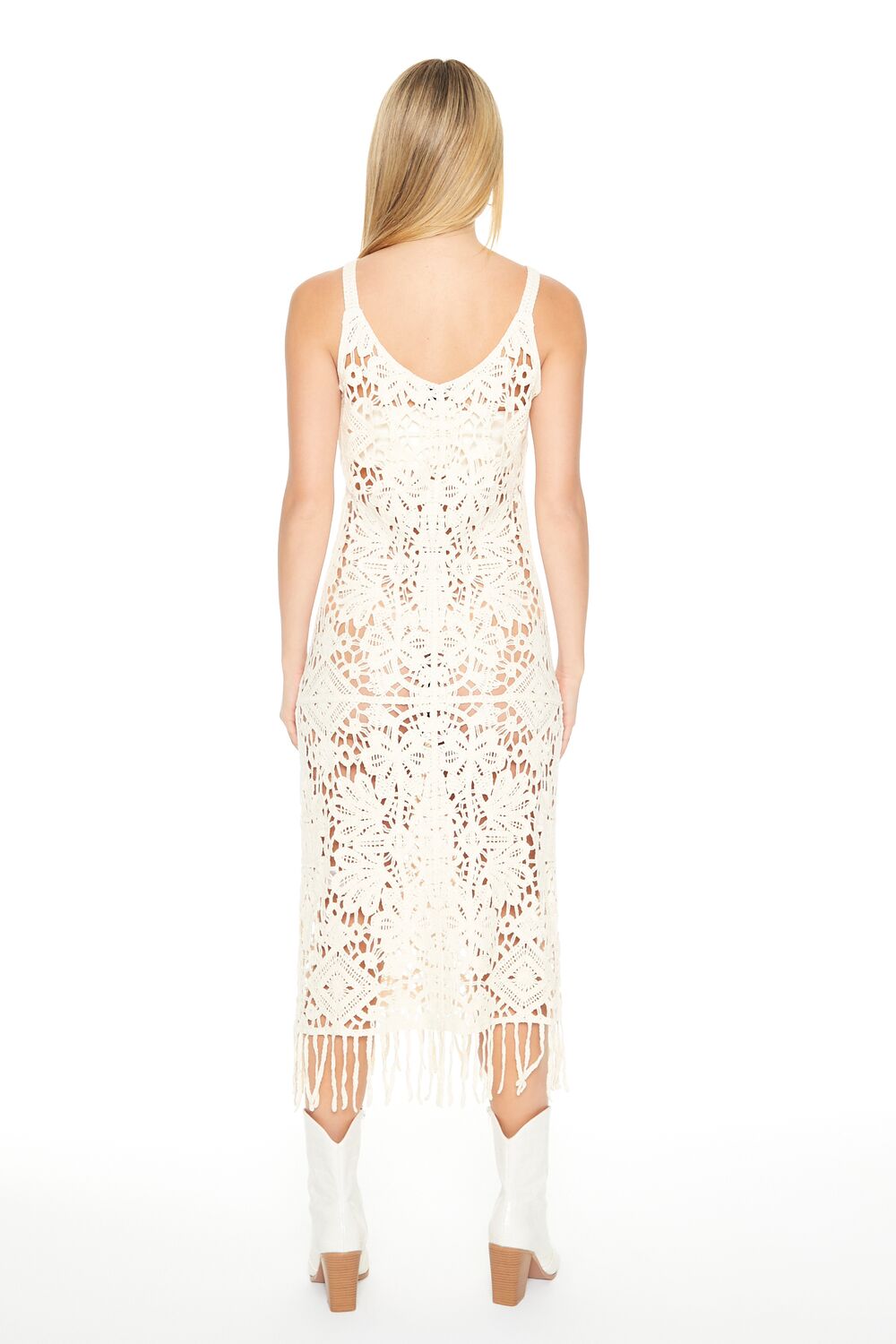 Crochet Fringe Midi Dress in Ivory
