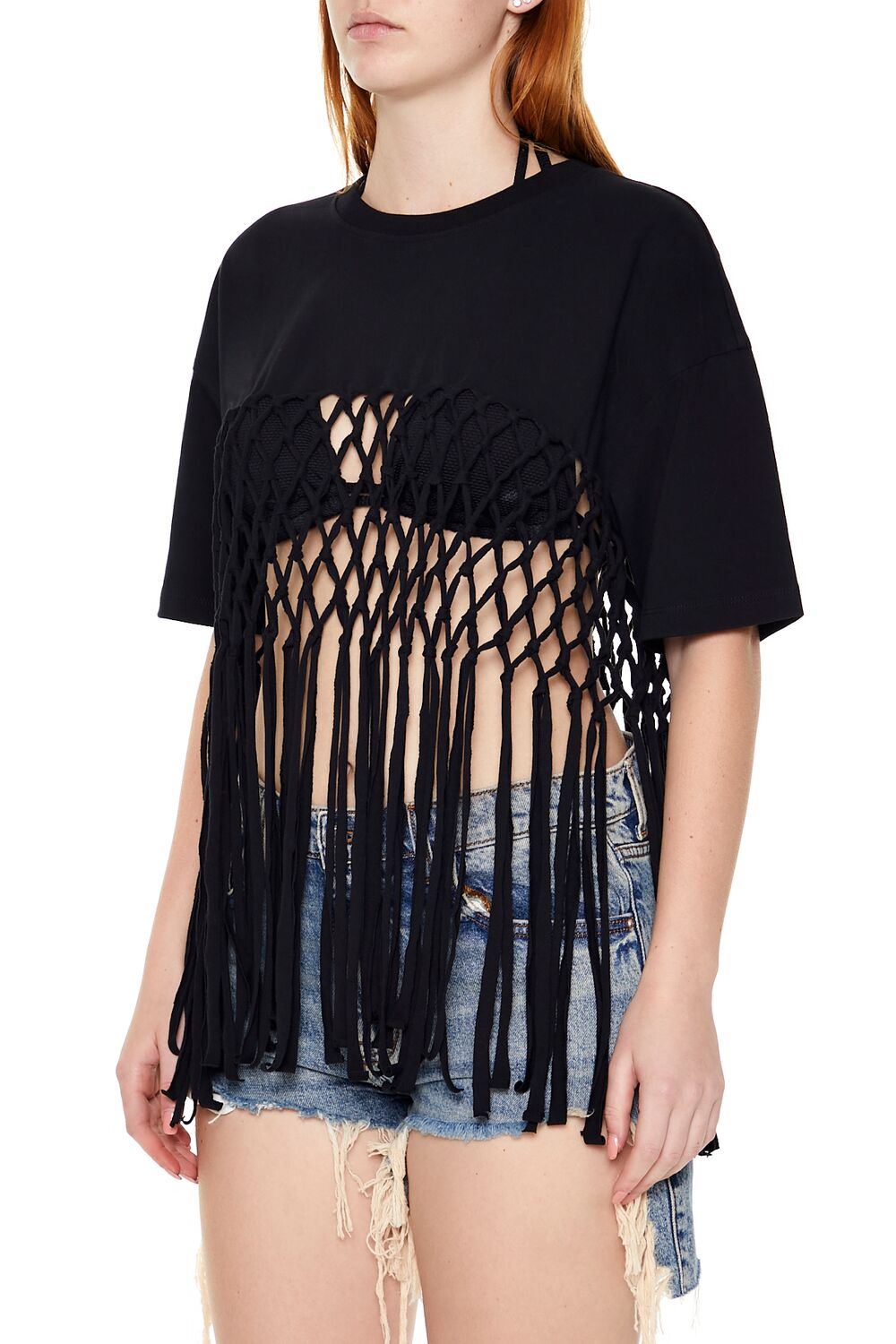  Forever 21 Crochet Fringe Tee - black - Bonton