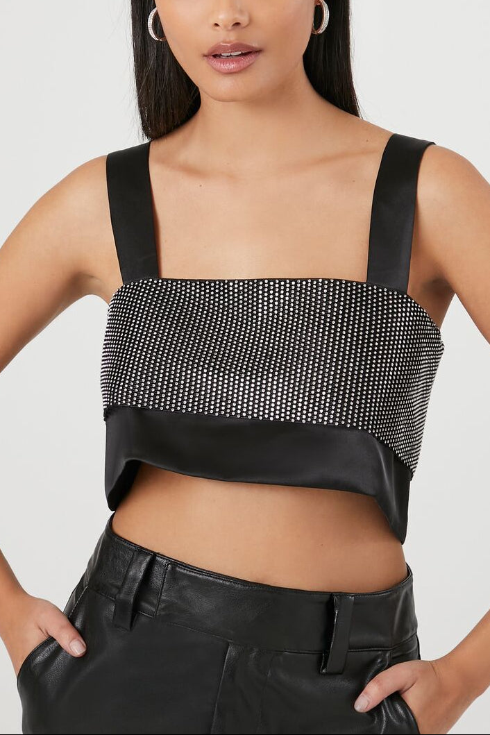  Forever 21 Satin Rhinestone Crop Top - black silver - Bonton