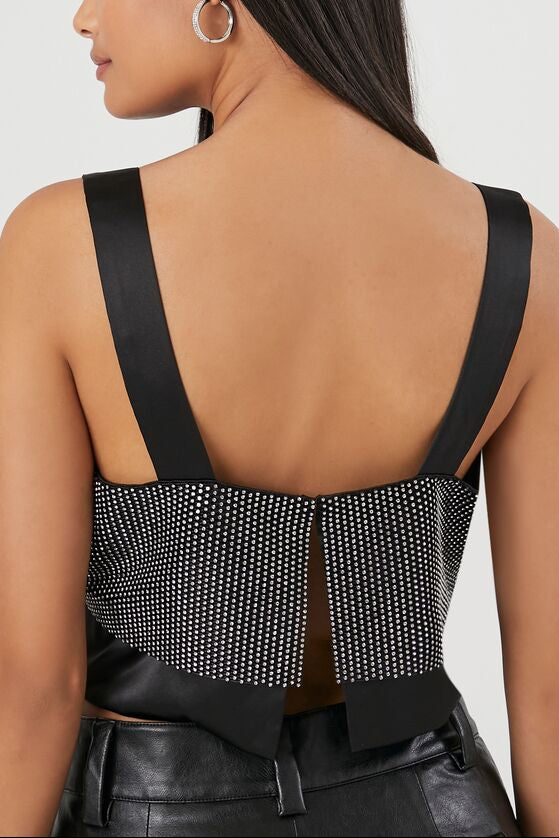  Forever 21 Satin Rhinestone Crop Top - black silver - Bonton