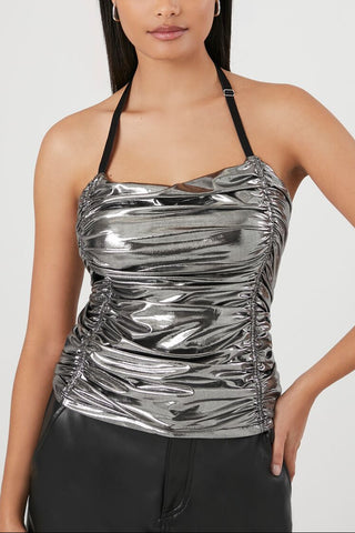Metallic Ruched Halter Top