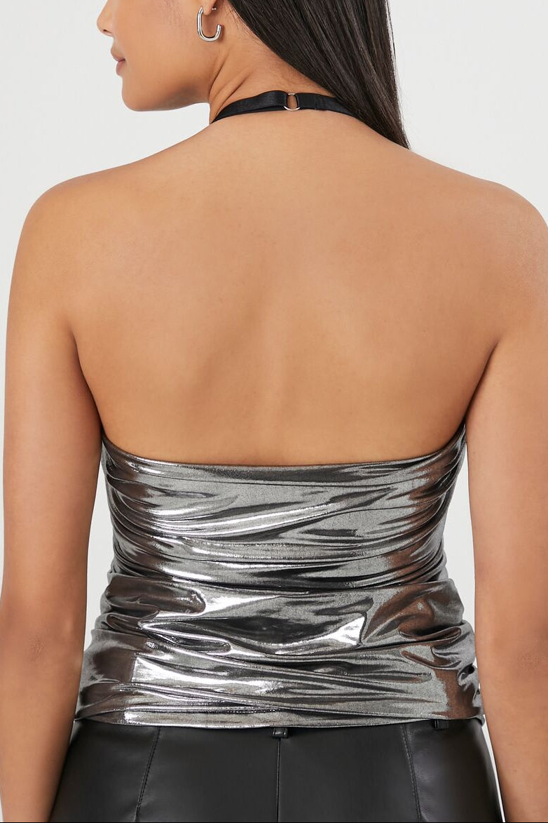  Forever 21 Metallic Ruched Halter Top - silver - Bonton