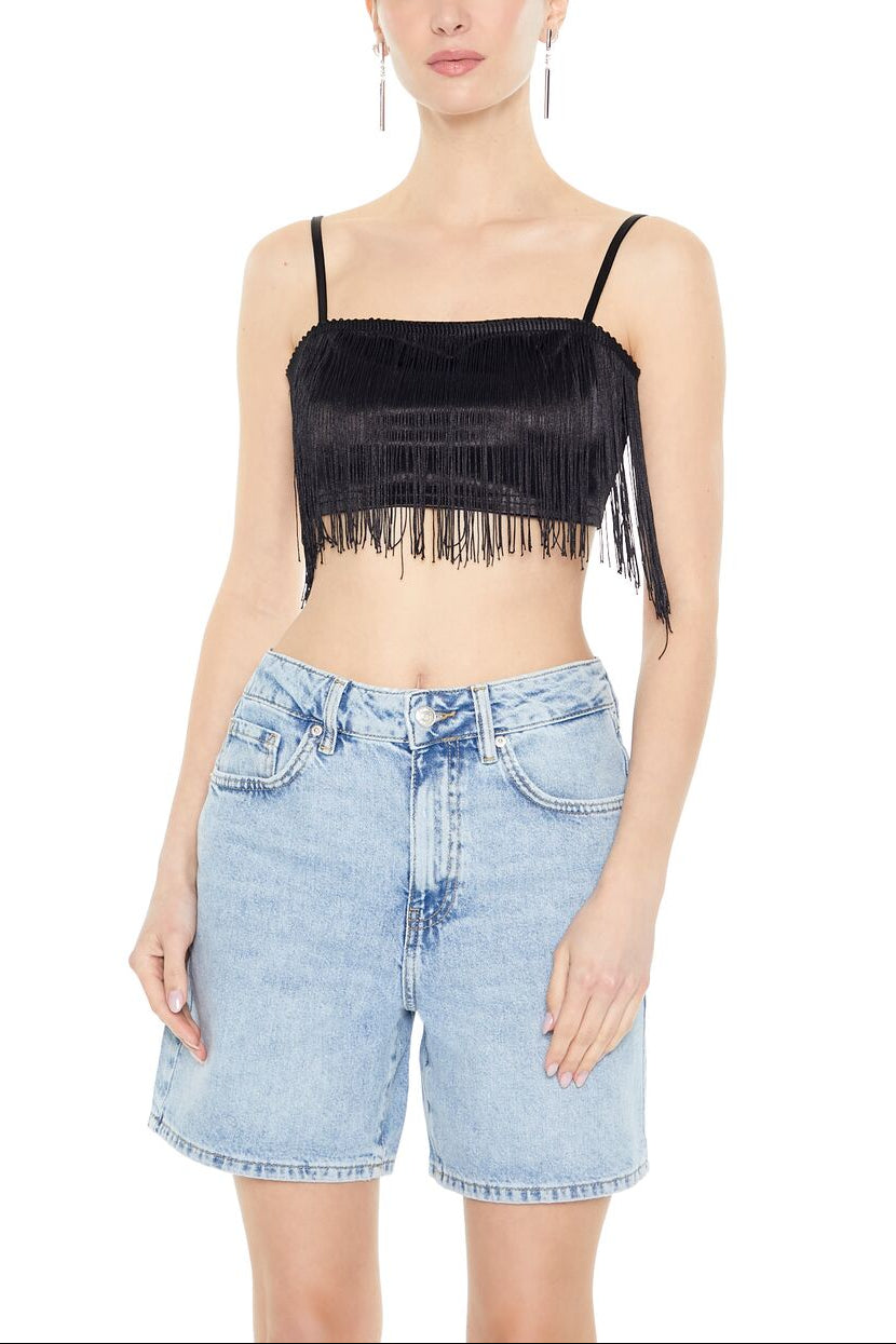  Forever 21 Satin Fringe Cropped Cami - black - Bonton