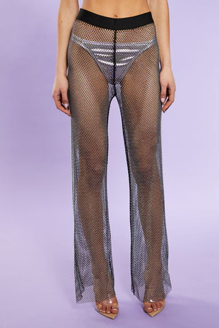 Rhinestone Netted Wide-Leg Pants