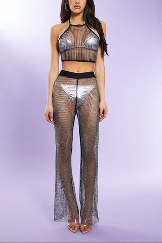 Rhinestone Netted Wide-Leg Pants
