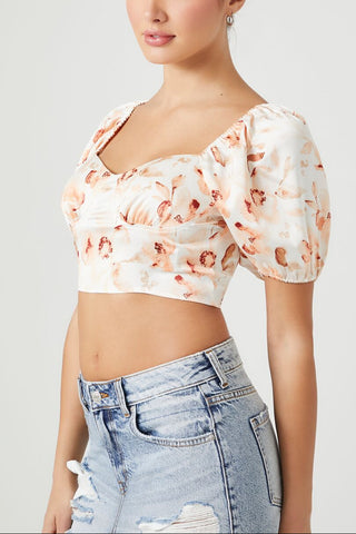 Satin Floral Puff-Sleeve Crop Top