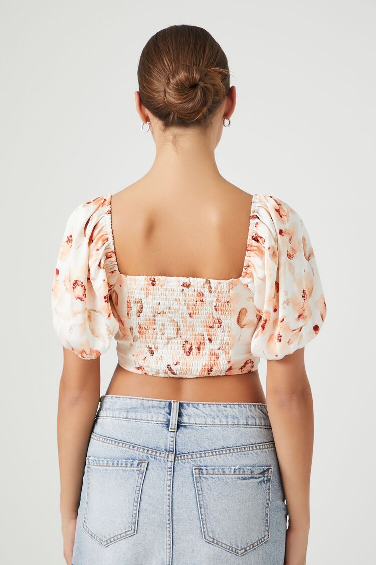  Forever 21 Satin Floral Puff-Sleeve Crop Top - cream multi - Bonton