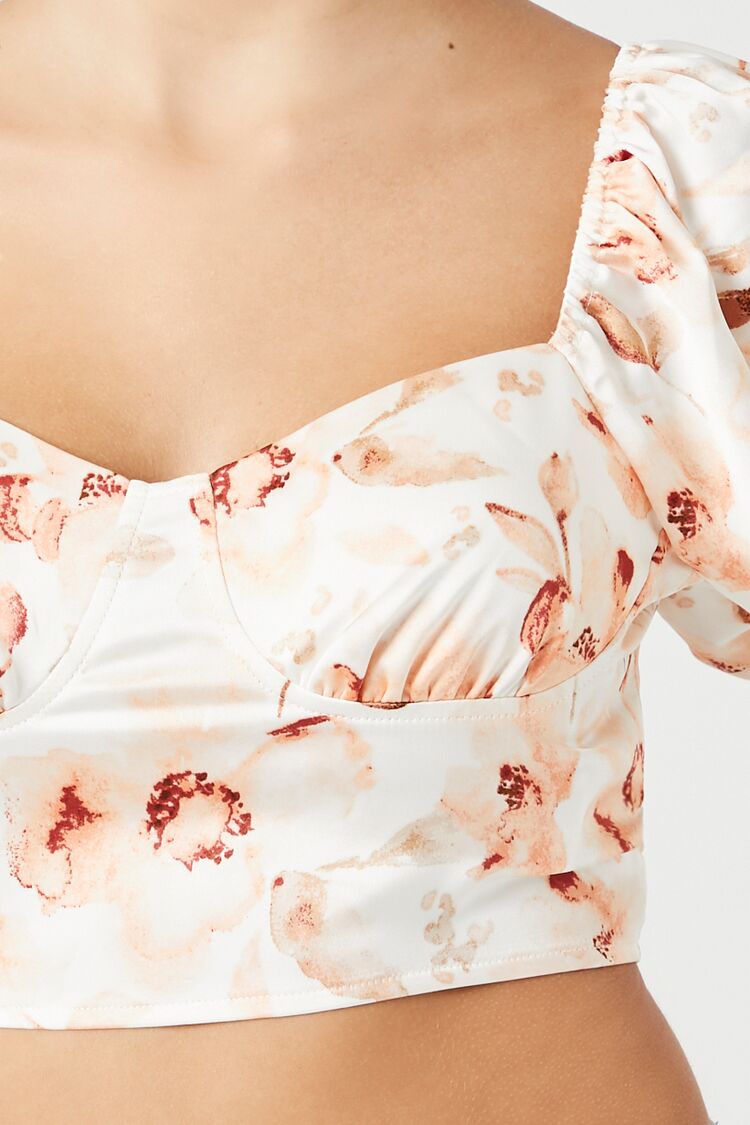  Forever 21 Satin Floral Puff-Sleeve Crop Top - cream multi - Bonton