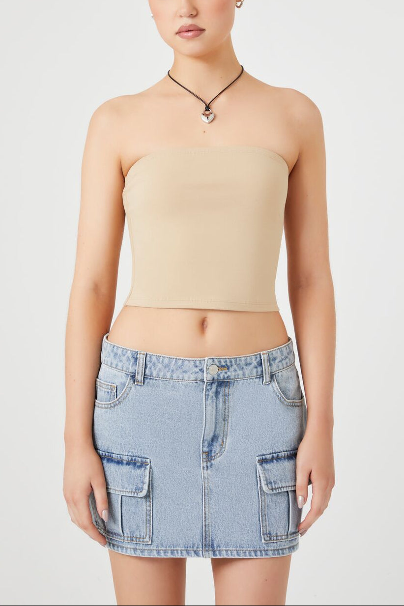  Forever 21 Cropped Cotton-Blend Tube Top - agave - Bonton