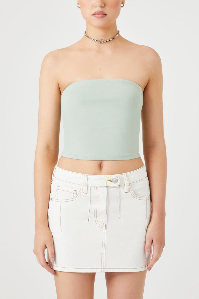  Forever 21 Cropped Cotton-Blend Tube Top - agave - Bonton