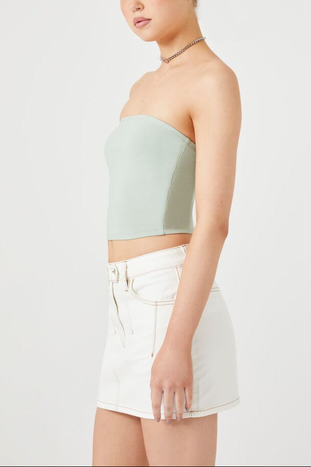  Forever 21 Cropped Cotton-Blend Tube Top - agave - Bonton
