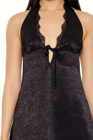 Lace-Trim Satin Halter Dress