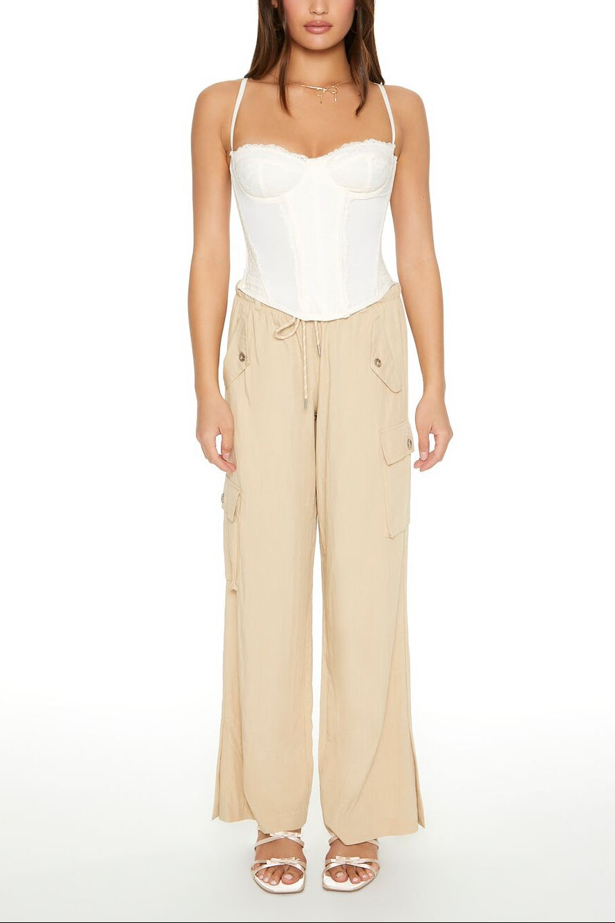  Forever 21 Drawstring Wide-Leg Cargo Pants - cream - Bonton