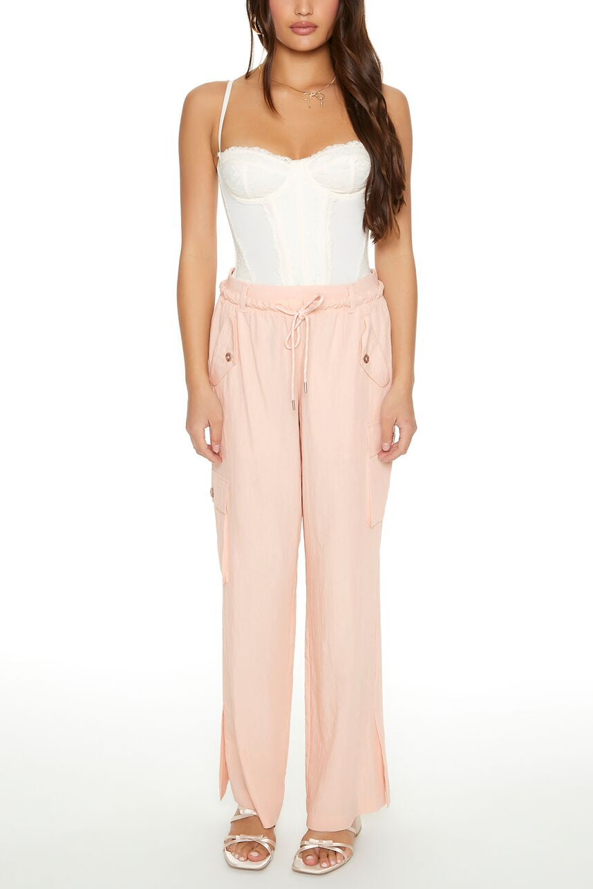  Forever 21 Drawstring Wide-Leg Cargo Pants - cream - Bonton