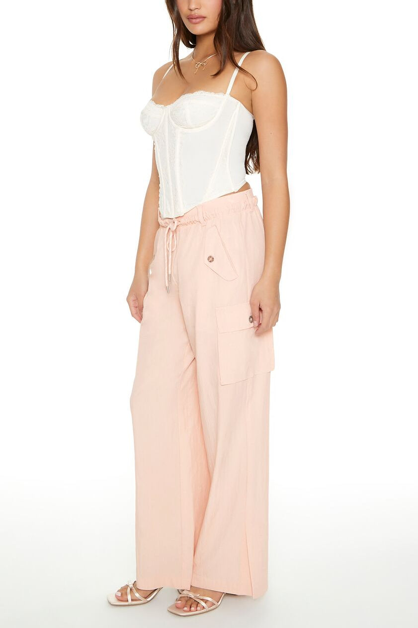  Forever 21 Drawstring Wide-Leg Cargo Pants - cream - Bonton