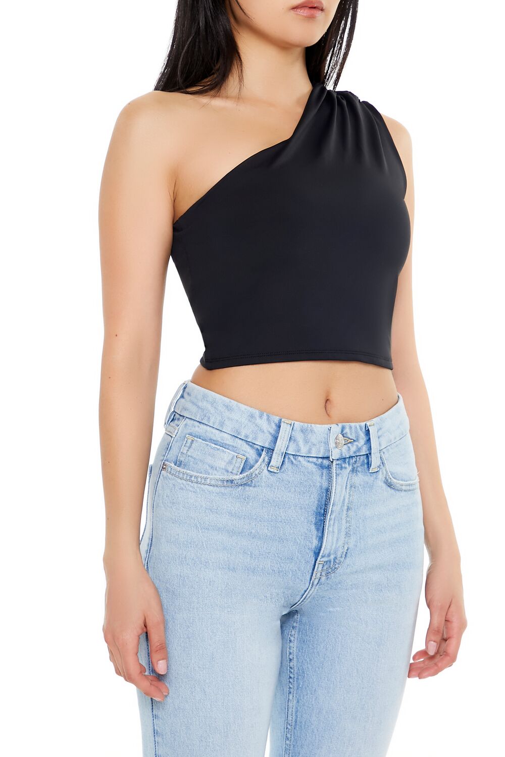  Forever 21 Ruched One-Shoulder Crop Top - black - Bonton
