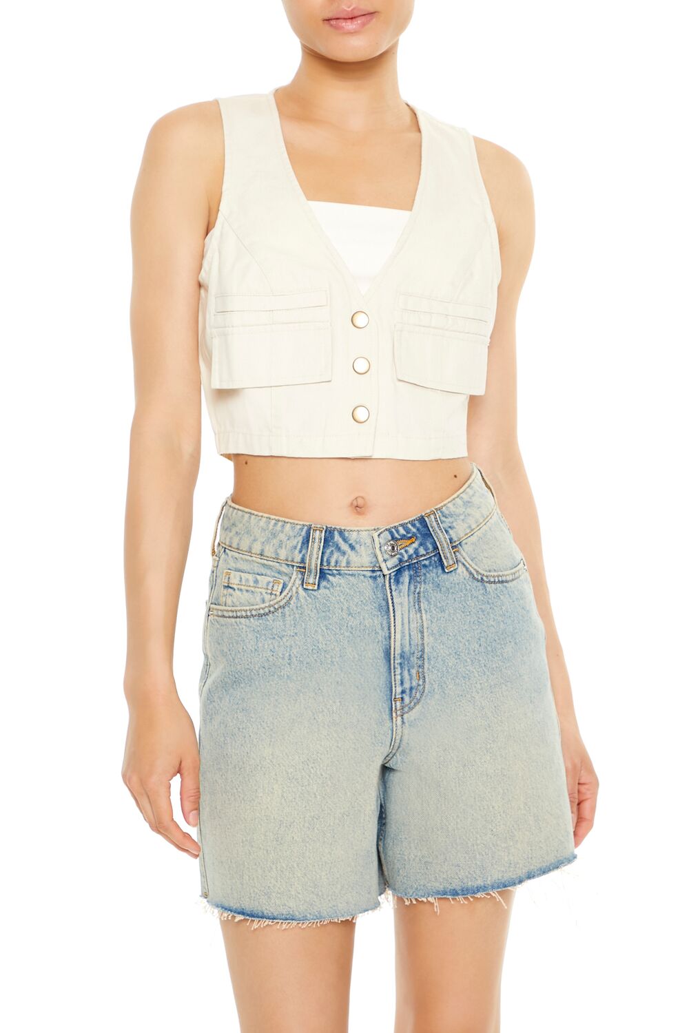  Forever 21 Cropped Twill Cargo Vest - cream - Bonton