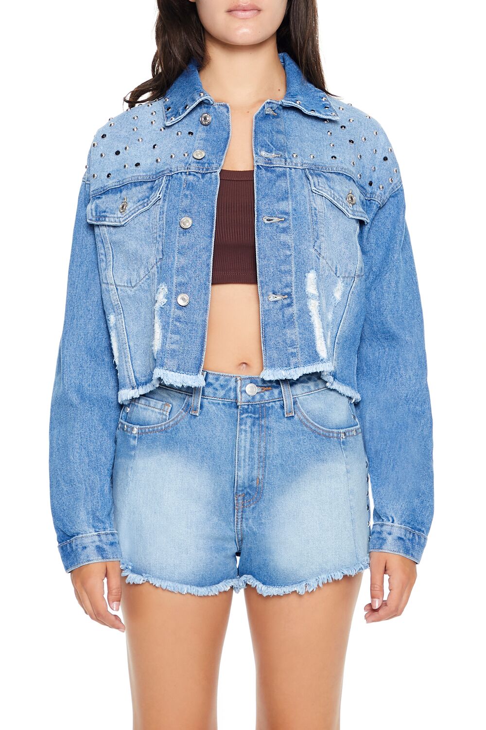  Forever 21 Studded Denim Trucker Jacket - medium-denim - Bonton