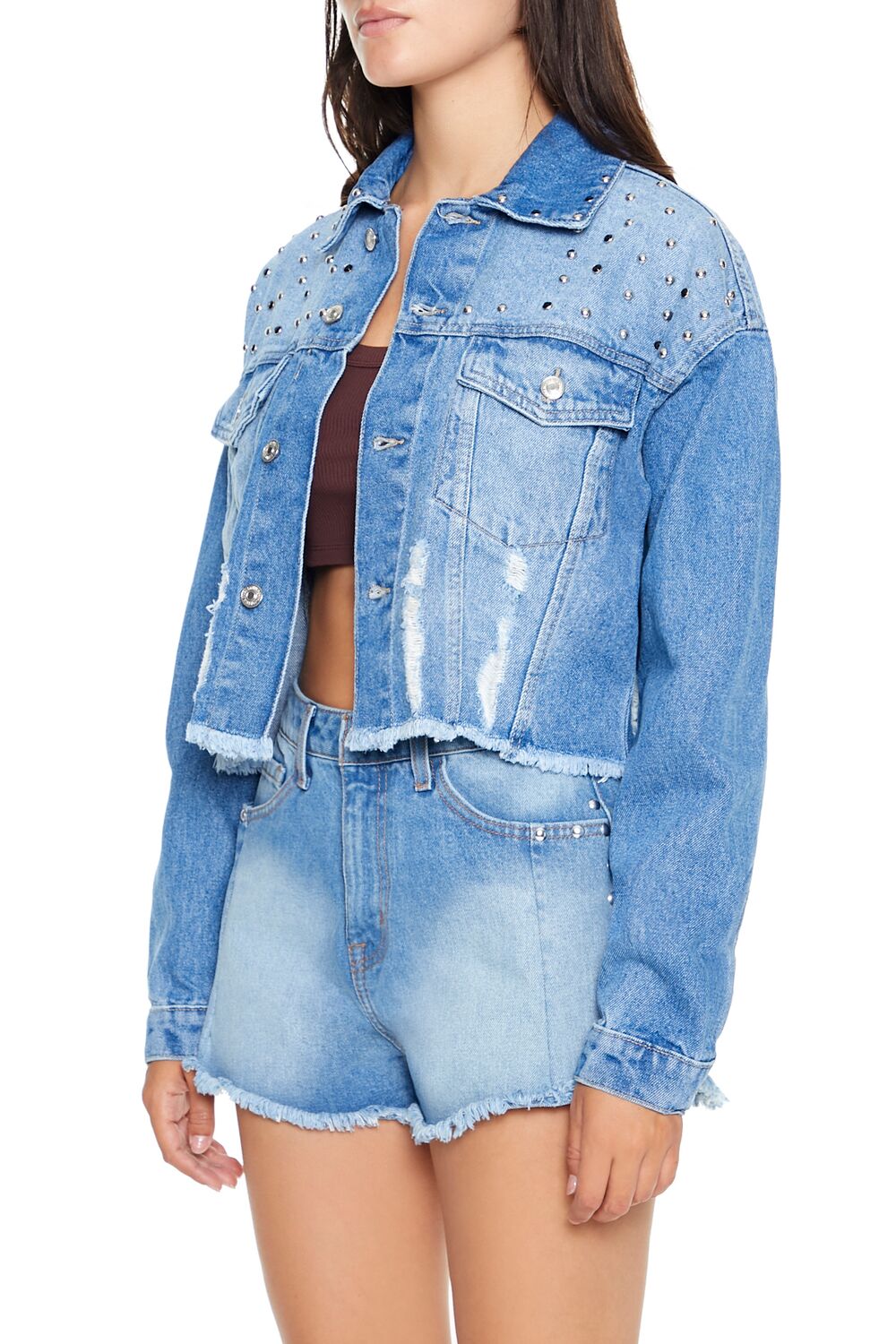  Forever 21 Studded Denim Trucker Jacket - medium-denim - Bonton
