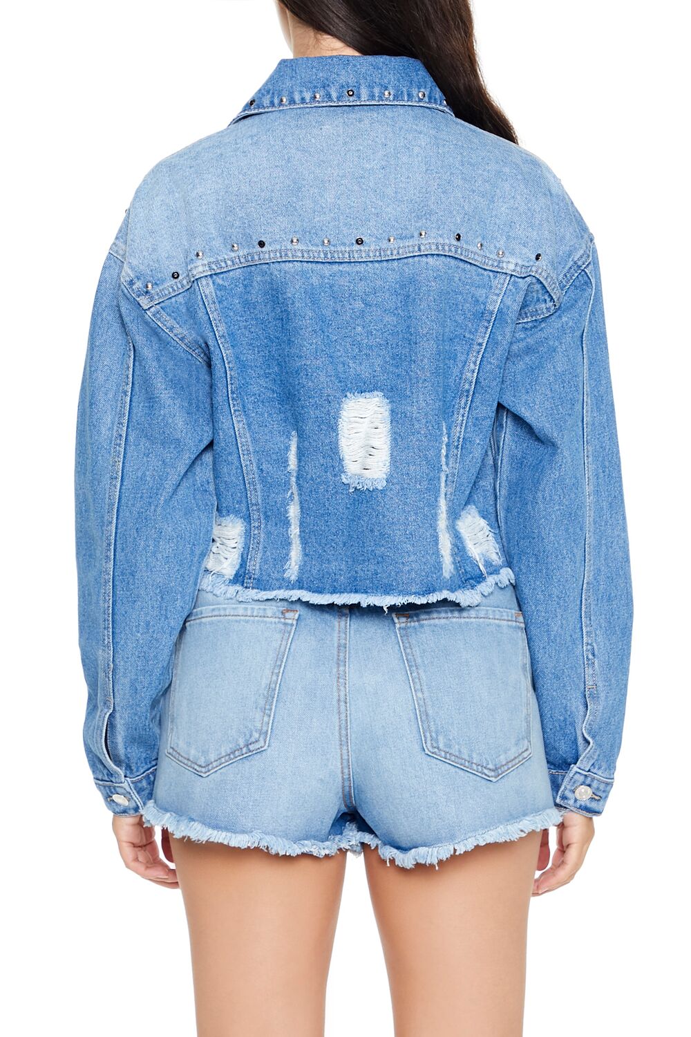  Forever 21 Studded Denim Trucker Jacket - medium-denim - Bonton