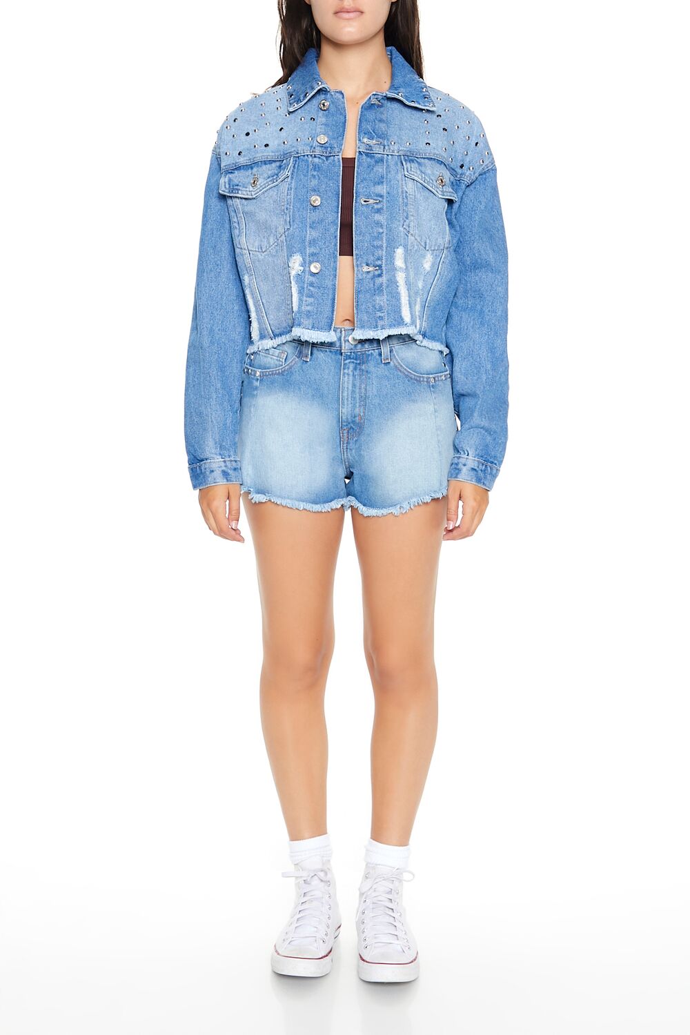  Forever 21 Studded Denim Trucker Jacket - medium-denim - Bonton