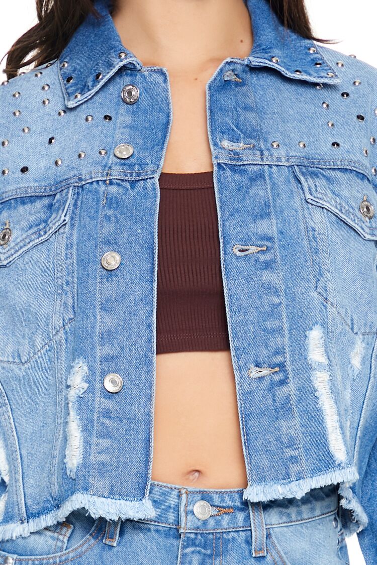  Forever 21 Studded Denim Trucker Jacket - medium-denim - Bonton
