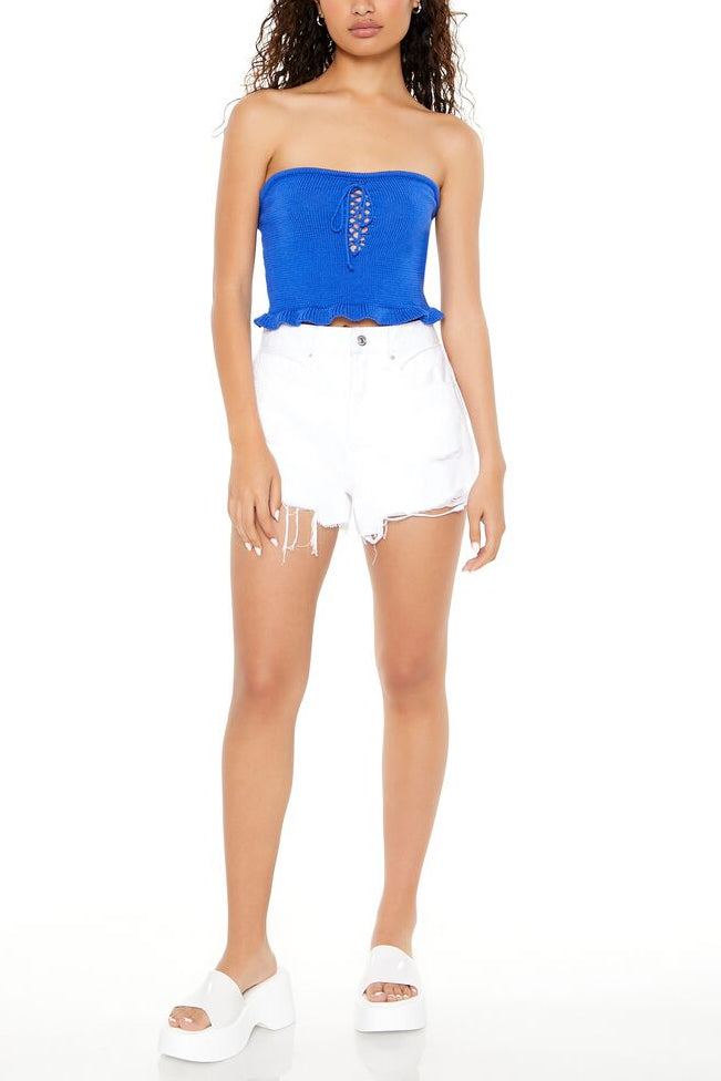  Forever 21 Sweater-Knit Ruffle Tube Top - white - Bonton