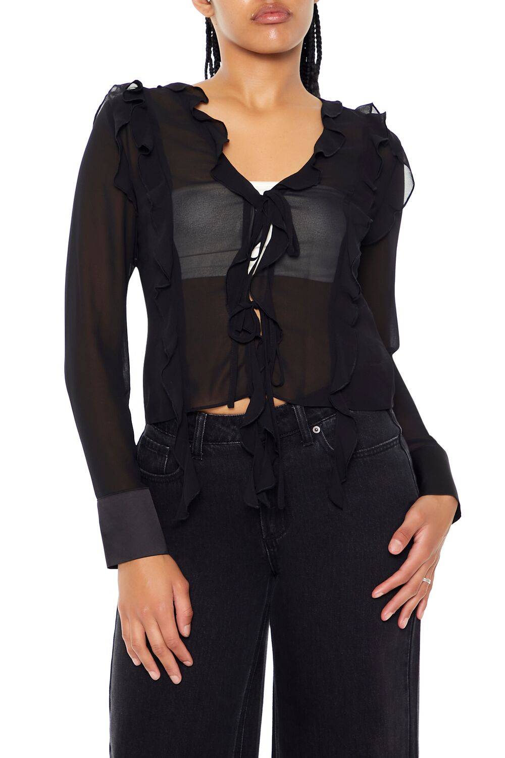  Forever 21 Ruffle-Trim Chiffon Top - black - Bonton