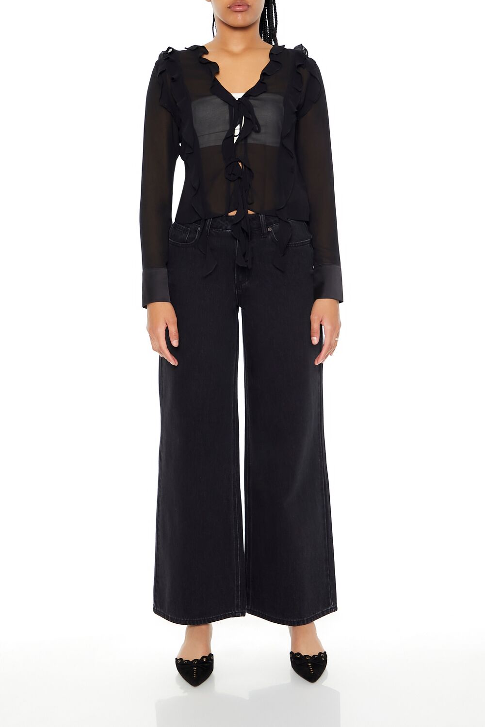  Forever 21 Ruffle-Trim Chiffon Top - black - Bonton