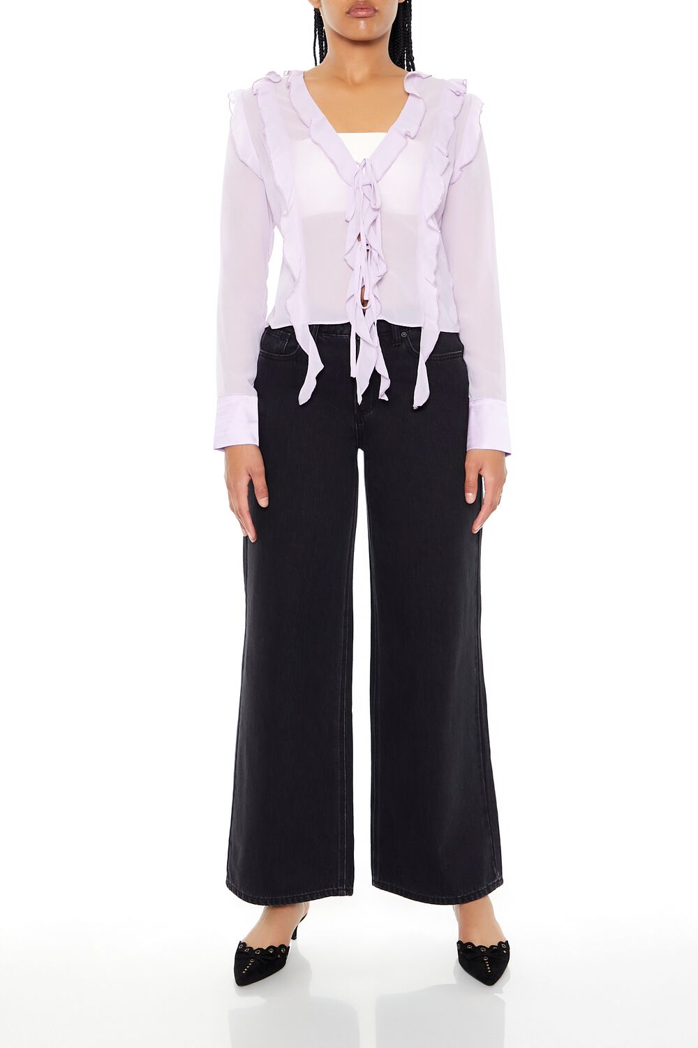  Forever 21 Ruffle-Trim Chiffon Top - black - Bonton