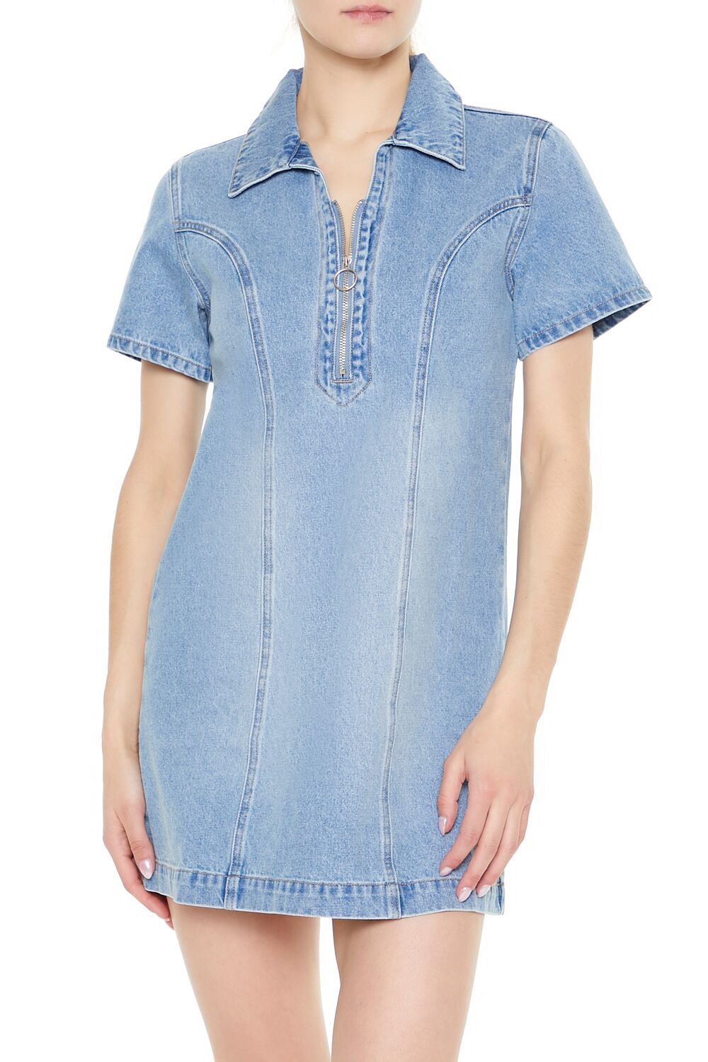  Forever 21 Denim Zip-Up Mini Shirt Dress - light-denim - Bonton